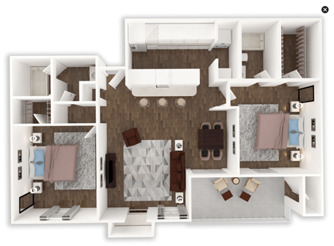 A 3D floor plan of a house with a kitchen, living room, and two bedrooms.